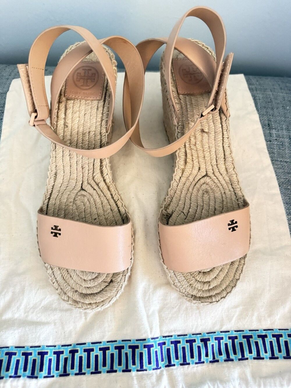 Tory Burch Tan Leather Espadrille Wedges Sandals Size 9 With Dust Bag